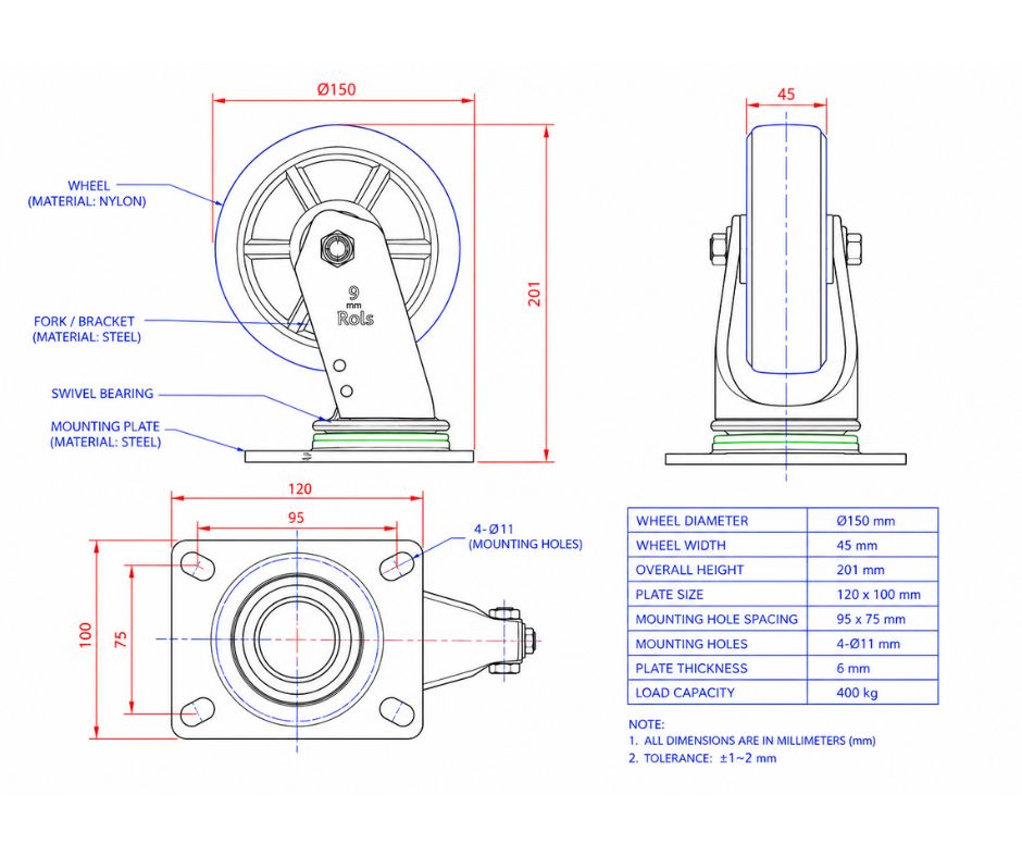 Heavy duty Nylon Fixed Caster Wheel