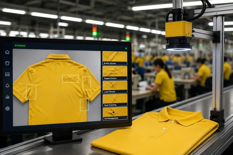 AI-powered garment defect detection system inspecting stitching, seams, trims, and fabric quality in a modern Bangladesh garment manufacturing factory.