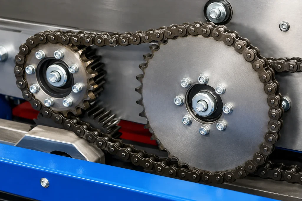 Industrial chain and sprocket drive system with lubricated roller chains for textile and industrial machinery applications in Bangladesh