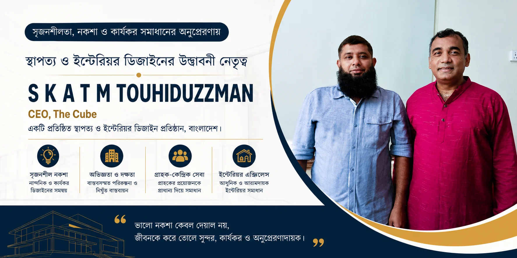S K A T M Touhiduzzman, CEO of The Cube, with Ahmed Engineering representative, highlighting professional architecture and interior design partnership in Bangladesh.